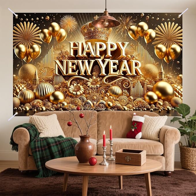 Nuxovilar Happy New Year Banner, Golden Snowflakes Glittery Backdrop for Party Decorations, 71x43 Inch