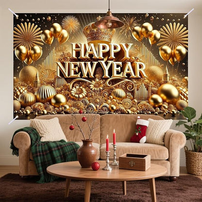Nuxovilar Happy New Year Banner, Golden Snowflakes Glittery Backdrop for Party Decorations, 71x43 Inch