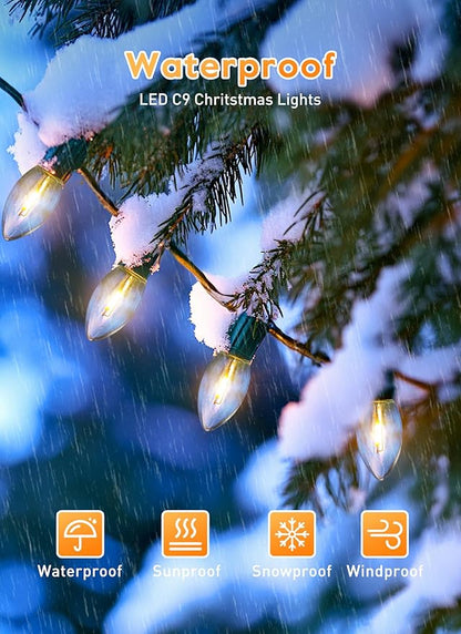 Vintage C9 LED Christmas Lights Outdoor, 100 Feet C9 String Lights with 100 LED C9 Plastic Bulbs, Waterproof Connectable Lights for Christmas Tree Roofline Garden Patio Backyard Decor, Warm White