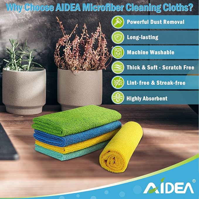 AIDEA Microfiber Cleaning Cloth, 200PK, Absorbent Shop Rags, Microfiber Towels for Cars, Kitchen Towels, Dusting Cloth for Home, Window, Cleaning Supplies, 12"×12"