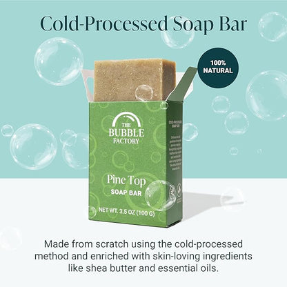 The Bubble Factory Handmade Soap, All Natural Soap for Women & Men, Hand, Bath & Body Natural Bar Soap, Vegan, Palm Oil Free, Made in USA with Shea Butter + Essential Oils, Pine Top, Single