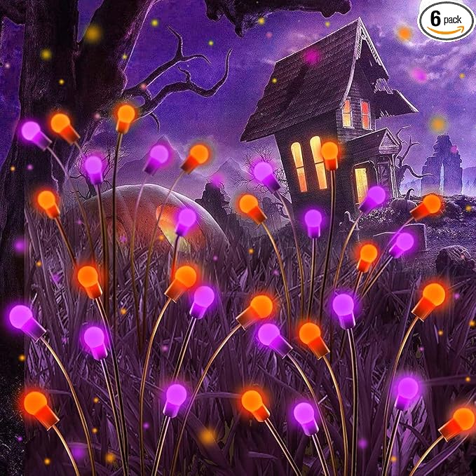 6Pack Total 48 LED Purple and Orange Solar Halloween Lights Outdoor - Solar Firefly Lights Outdoor, Sway by Wind, Waterproof for Garden Patio Pathway Halloween Decorations