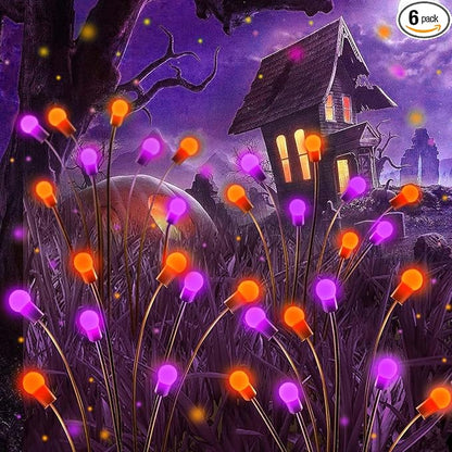 6Pack Total 48 LED Purple and Orange Solar Halloween Lights Outdoor - Solar Firefly Lights Outdoor, Sway by Wind, Waterproof for Garden Patio Pathway Halloween Decorations