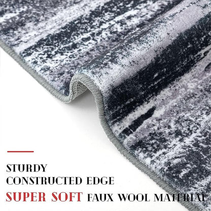 Modern Abstract Runner Rug 2x6, Black Grey Washable Entryway Runner Non-Slip Soft Hallway Rug Runner Thin Print Faux Wool Carpet for Kitchen Bedroom Laundry Room Indoor