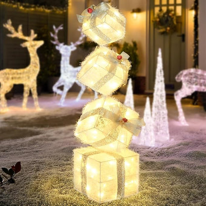 Christmas Lighted Gift Boxes Decorations Set of 4, 3.6Ft Stackable Christmas Nesting Boxes Battery Operated for Home and Party Decoration (10"-8"-6"-5", Silver Bow)