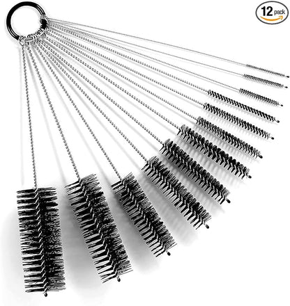 Black Nylon Cleaning Brush Set, 12-Piece, Suitable for Bottle, Teapot, Airbrushes, Espresso Machines, Protective Design, Dishwasher Safe