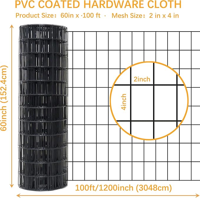 Black Metal Garden Fence, 60inch(H) x 100ft(L), 2 inch x 4 inch,12.5GA 2/3/4/5/6 Ft Tall Chicken Wire PVC Coated Welded Wire Mesh Roll for Dogs Border Yard Vegetable Plant Protection Poultry Netting