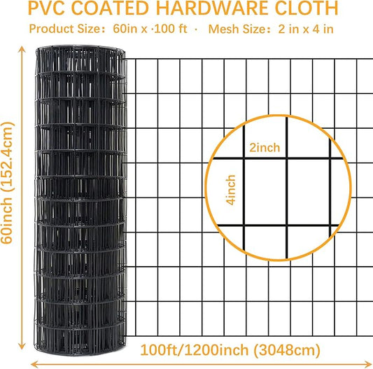 Black Metal Garden Fence, 60inch(H) x 100ft(L), 2 inch x 4 inch,12.5GA 2/3/4/5/6 Ft Tall Chicken Wire PVC Coated Welded Wire Mesh Roll for Dogs Border Yard Vegetable Plant Protection Poultry Netting