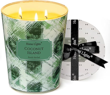 HomeLights Scented Candles | Large Jar 34 Oz Natural Soy Candle | 130 hrs Long-Lasting with 3 Wicks | Scandinavian Minimalist Home Decor | Gifts for Mom & Women, Coconut Island