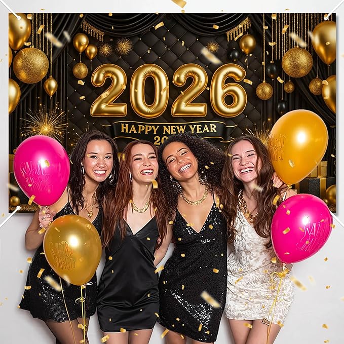 Happy New Year 2026 Backdrop Gold Black Balloons Fireworks Gift Boxes Sparkling Party Banner 71x43 Inches New Year Eve Decoration Indoor Outdoor Celebration Photography Background