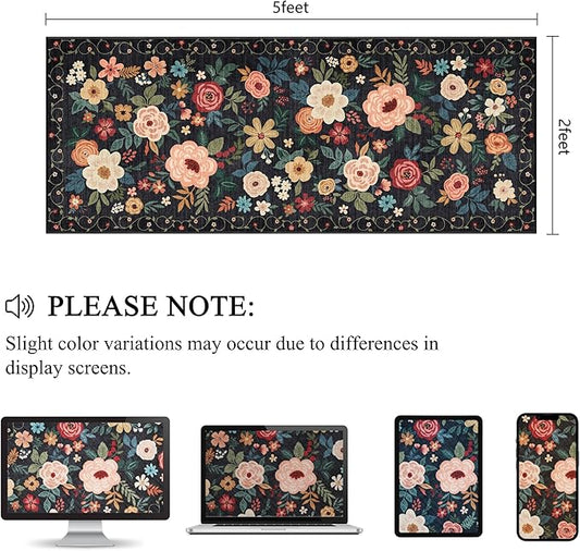 DUKINO 2x5 Runner Rug for Hallway, Washable Kitchen Floral Runner Rug with Non Slip Backing, Low Pile Soft Boho Carpet for Kitchen, Hallway, Entryway, Laundry, Bedroom, Black