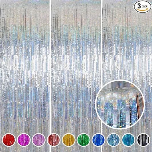 Foil Fringe Curtains Christmas Decorations - Melsan 3 Pack 3.2 x 8.2 ft Silver Tinsel Curtain Photo Backdrop for Birthday Party or Disco Party Decorations