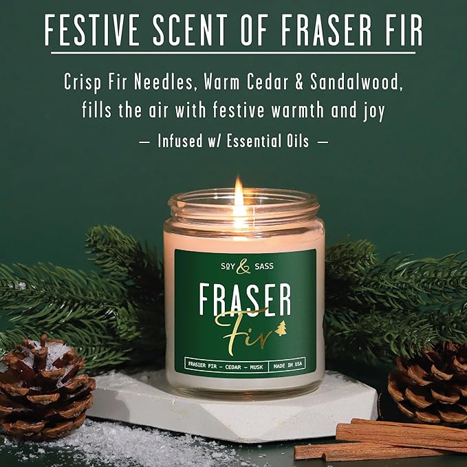 Fraser Fir Candles - Christmas Candles - 'Fraser Fir' w/Balsam Fir Cedar & Sandalwood Evergreen Tree Scent I Winter Evergreen Candle I Stocking Stuffers for Women I 9oz, 50Hr, USA Made