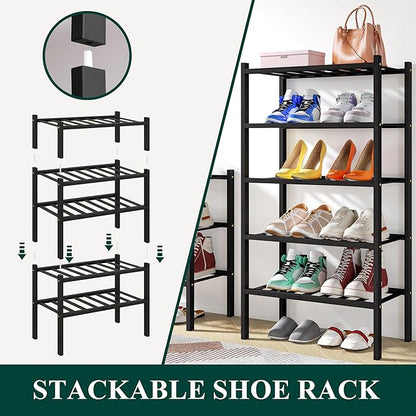 Smiry Shoe Rack, 2 Tier Small Bamboo Shoe Organizer, Stackable Free Standing Wooden Shoe Storage Shelf for Closet, Entryway, Front Door Entrance, Black