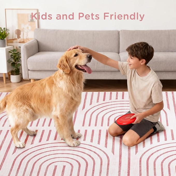 2x6 Washable Pink Runner Rugs for Kitchen, Soft Abstract Rainbow Boho Rug for Bedroom Bedside Laundry Room Bathroom,Modern Non Slip Low Pile Floor Mat