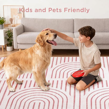 2x6 Washable Pink Runner Rugs for Kitchen, Soft Abstract Rainbow Boho Rug for Bedroom Bedside Laundry Room Bathroom,Modern Non Slip Low Pile Floor Mat