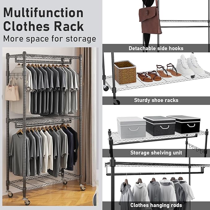 Heavy Duty Garment Rack Adjustable 3 Tiers Wire Shelving Rolling Clothes Rack with Double Rods and Side Hooks, Freestanding Wardrobe Storage Rack Metal Clothing Rack, Black