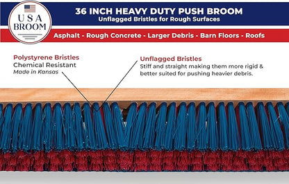 36" Heavy Duty Outdoor Push Broom with 60" Handle. Ideal for Ashpalt, Concrete & Heavy Debris. Durable American Made Steel Brackets-Stainless Steel Hardware. No Plastic. 100% Made in The USA.