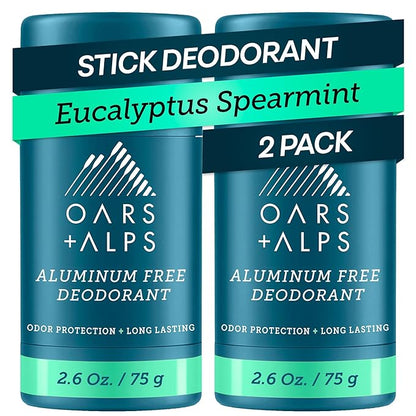 Oars + Alps Aluminum Free Deodorant for Men and Women, Dermatologist Tested and Made with Clean Ingredients, Travel Size, Eucalyptus Spearmint, 2 Pack, 2.6 Oz Each