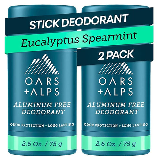 Oars + Alps Aluminum Free Deodorant for Men and Women, Dermatologist Tested and Made with Clean Ingredients, Travel Size, Eucalyptus Spearmint, 2 Pack, 2.6 Oz Each