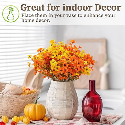 16 Bundles Artificial Mums for Outdoors/Indoors Faux Mums for Outdoor Planters, Eucalyptus Leaves Fall Flowers Artificial for Decoration Boxwood Garden Porch Window Home Wedding (Yellow&red Green)