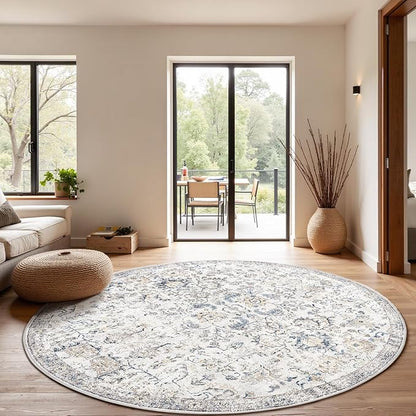 jinchan Round Rug 8ft Area Rug Washable Vintage Indoor Retro Accent Floor Cover Distressed Floral 8' Round Circle Boho Non Slip Thin Carpet for Living Room Dining Room Bedroom Kitchen Blue