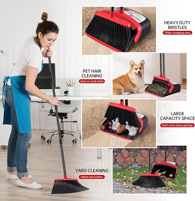 Broom with Dustpan Combo Set, Hand Broom and Dustpan Set for Sweeping Indoor Angle Broom for Home Office Kitchen Lobby Floor Pet Hair Indoor&Outdoor Cleaning (Big Black&Red)