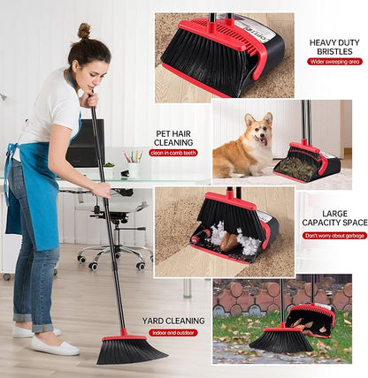 Broom with Dustpan Combo Set, Hand Broom and Dustpan Set for Sweeping Indoor Angle Broom for Home Office Kitchen Lobby Floor Pet Hair Indoor&Outdoor Cleaning (Big Black&Red)