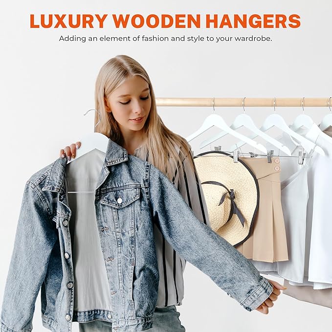 HOUSE DAY Wooden Hangers with Clips 24 Pack, Wood Clothes Hangers Smooth Finish Wooden Hanger Premium Wood Hanger for Clothes Suit, White