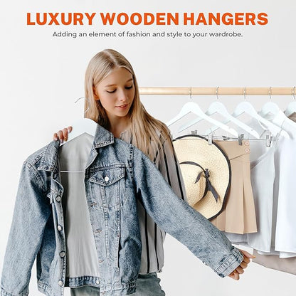 HOUSE DAY Wooden Hangers with Clips 24 Pack, Wood Clothes Hangers Smooth Finish Wooden Hanger Premium Wood Hanger for Clothes Suit, White