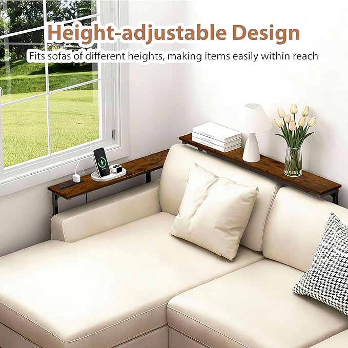 GRLEAF 2 Pack Adjustable Height Narrow Console Table with Power Outlets, 70" Long Sofa Table with Charging Station Behind Couch Table Entryway Table for Living Room and Hallway – Rustic Brown