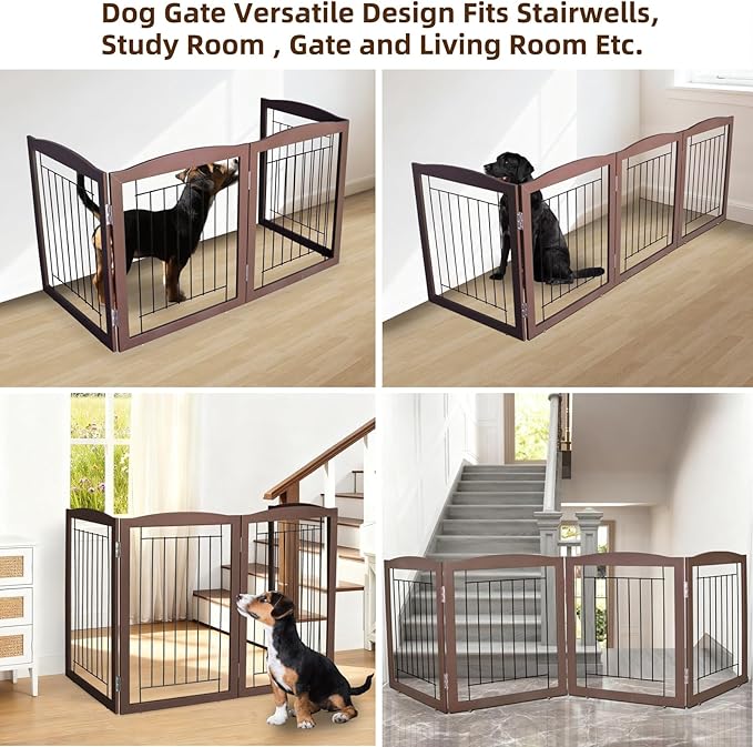 ZJSF Freestanding Foldable Dog Gate for House Extra Wide Wooden Brown Puppy Gate Stairs Dog Gates Doorways Tall Pet Gate 32 "Height 4 Panels Pet Fence