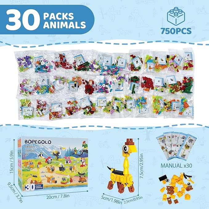 30 Pack Valentines Party Favors Building Set for Kids, 750 Pcs Mini Animal 3-in-1 Building Block Kit Sets, Classroom Goodie Bags Stuffers for Kid, Best Birthday Gifts for Boys Girls Ages 6+