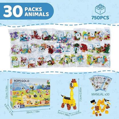 30 Pack Valentines Party Favors Building Set for Kids, 750 Pcs Mini Animal 3-in-1 Building Block Kit Sets, Classroom Goodie Bags Stuffers for Kid, Best Birthday Gifts for Boys Girls Ages 6+