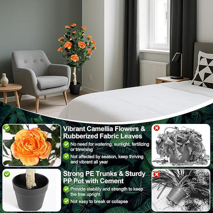 3FT Artificial Camellia Tree, 2 Pack Fake Camellia Tree Artificial Tree, Faux Floral Plants in Cement Pot, Greenery Potted Plant for Indoor Outdoor Home Office Porch Decor (Orange)