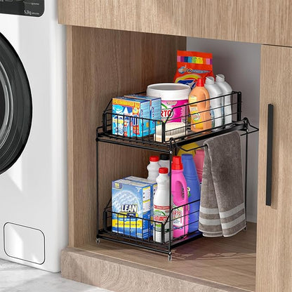 SUEH DESIGN Under Sink Organizer, 2 Tier Bathroom Cabinet Organizer Metal Kitchen Sink Organzier with Hanging Rail for Kitchen Bathroom Organization and Storage, 1 Pack