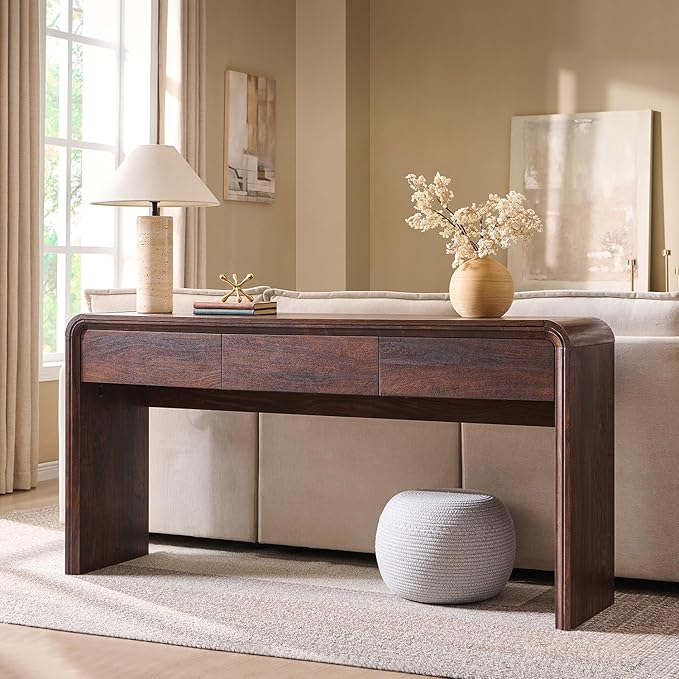 63'' Console Table with 3 Drawers, Modern Entryway Table with Curved Profile Design, Narrow Long Wood Sofa Table Behind Couch Table for Living Room, Hallway, Foyer, Brown