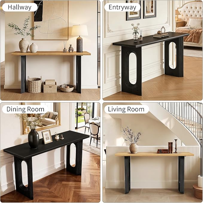 59.2'' Fluted Console Table Modern Farmhouse, MDF Oak Entryway Table with Hollow Legs for Hallway, Sofa Behind Couch, Living Room