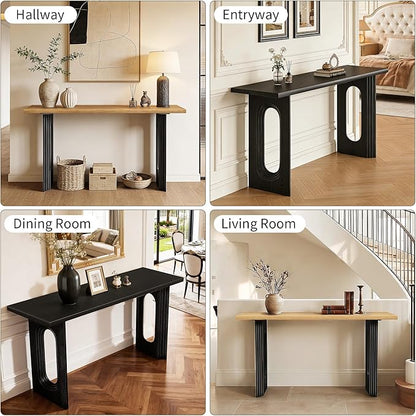 59.2'' Fluted Console Table Modern Farmhouse, MDF Oak Entryway Table with Hollow Legs for Hallway, Sofa Behind Couch, Living Room