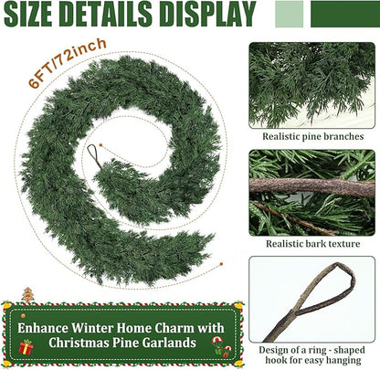 6ft Christmas Cedar Garland, Real Touch Pine Garland, Realistic Cypress Garlands Christmas Decorations for Mantel, Table, Stairs, Porch - Indoor Outdoor Xmas Holiday Decor