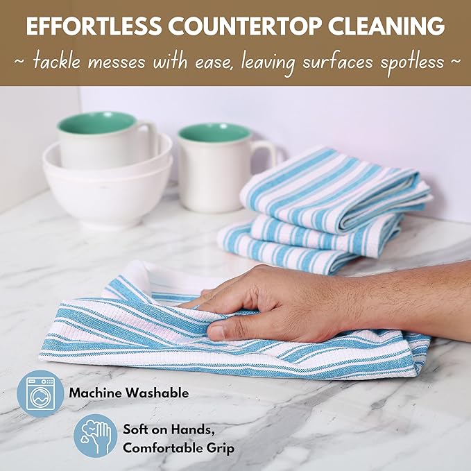 Native Fab Stripe Kitchen Towels - 100% Cotton - 12 Pack - 16"x26" - Striped Tea Towels, Dish Cloths for Drying Dishes, Absorbent, Quick Dry Towel Set with Hanging Loop - Turquiose Blue