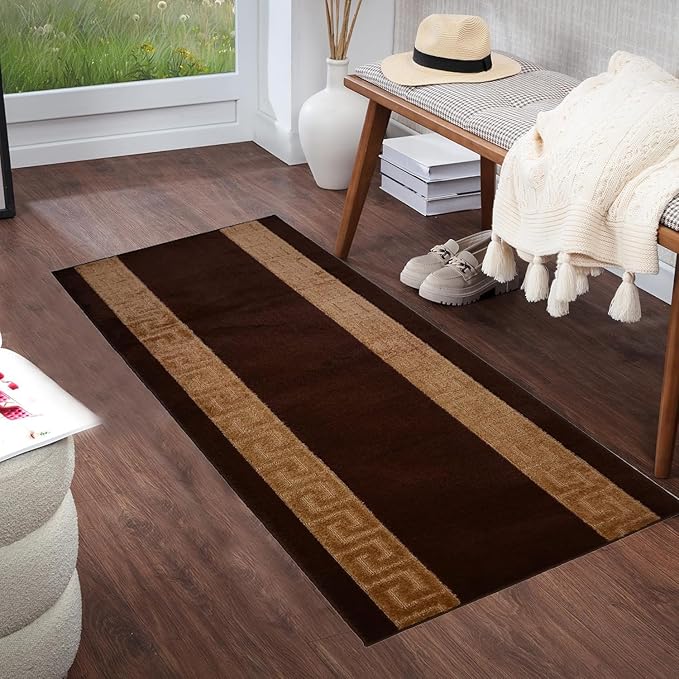 RugStylesOnline Washable Custom Size Runner Rug Meander Design Brown Beige, (2 Feet Length x 26 Inch Width) Custom Cut Slip Resistant Rubber Backing Runner Rugs, Extra Long Runner Rugs for Hallways