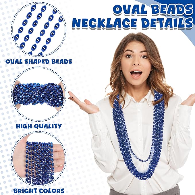 24PCS Bead Necklace, Beaded Necklaces Bulk for Blue Accessories, 32" Oval Mardi Gras Beads for Party Supplies Festival Parade Throw Accessories for Wedding Christmas Pirate Theme Party Favors Decor