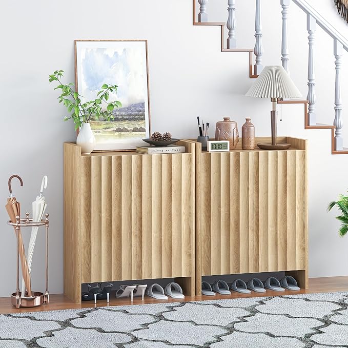 Fluted Shoe Cabinet, 5-Tier Shoe Storage Cabinet with Doors,Freestanding Hidden Shoe Cabinet Organizer, Narrow Shoes Storage Rack for Entryway (Natural)