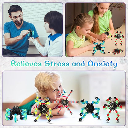 Junkin Funny Sensory Fidget Toy Bulk Transformable Chain Robot Finger Toys Fidget Spinners Stress Relief Fingertip Gyro Mechanical Spiral Spinner Valentine's Gift for Adult Kids(Glow,100 Pcs)