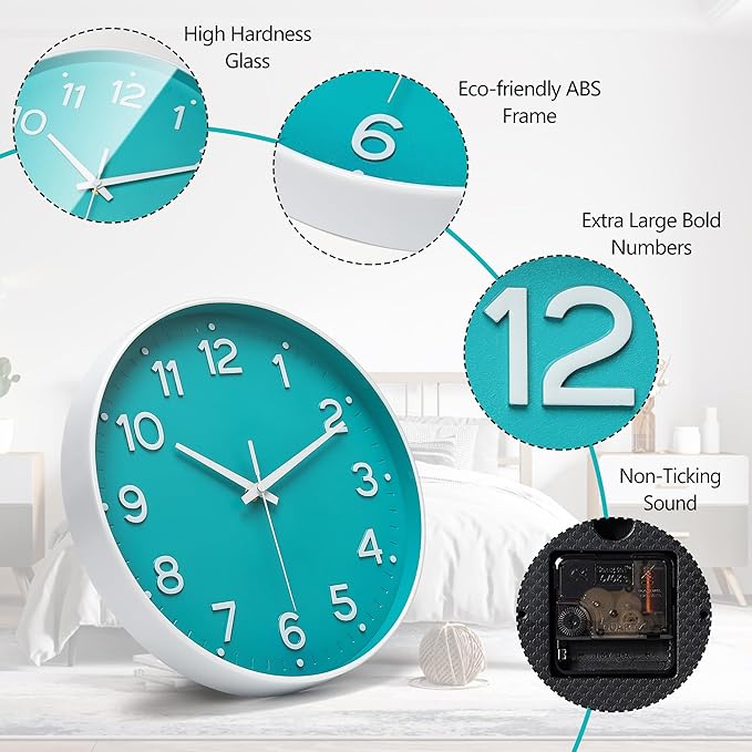 MEIRED Wall Clock 12 Inch Silent Non Ticking Battery Operated Round Wall Clock Modern Simple Style Decor Clock for Home/Office/School/Kitchen/Bedroom/Living Room, Teal and White