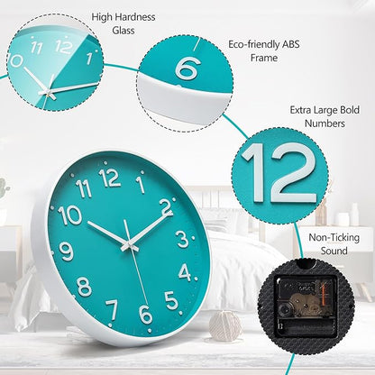 MEIRED Wall Clock 12 Inch Silent Non Ticking Battery Operated Round Wall Clock Modern Simple Style Decor Clock for Home/Office/School/Kitchen/Bedroom/Living Room, Teal and White