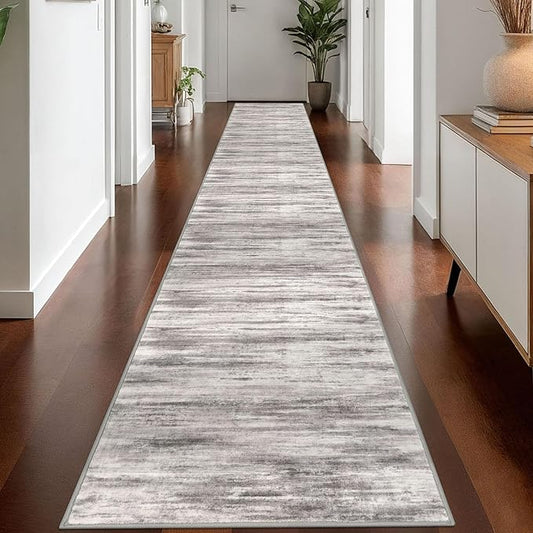 KOZYFLY Modern Abstract Washable Rug Runner 2.6x18 Hallway Rug Runner Non-Slip Soft Kitchen Runner Rugs, Grey-Beige Striped Carpet for Entryway Bathroom Laundry Room Foyer