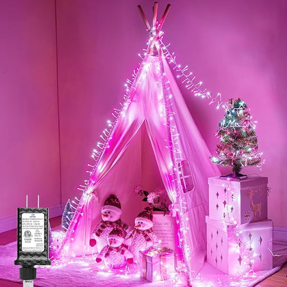 Minetom Christmas Lights - Outdoor Cluster Lights, 200 LED, 10 Ft, 12 Modes Timer, Waterproof, Pink & White