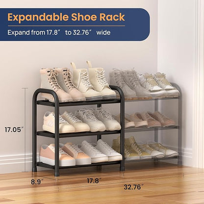 ENJOYBASICS Expandable Shoe Rack, 3 Tier Adjustable Shoe Organizer Shelf for Closet, Black Metal Free Standing Shoe Rack Storage for Small Space, Entryway